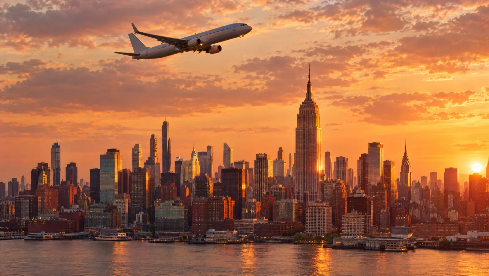 A plane flying over the New York City skyline at sunset
